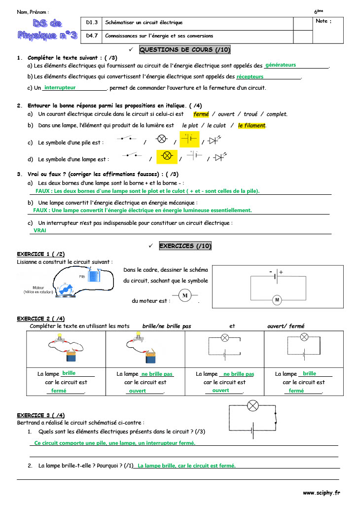 DS 3 6 ème circuits électriques 2023 2024